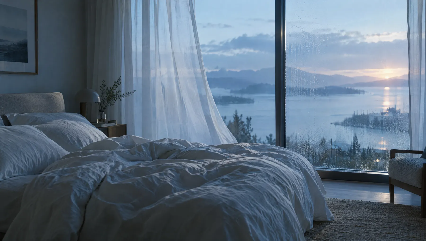 A cool, calm bedroom at dawn