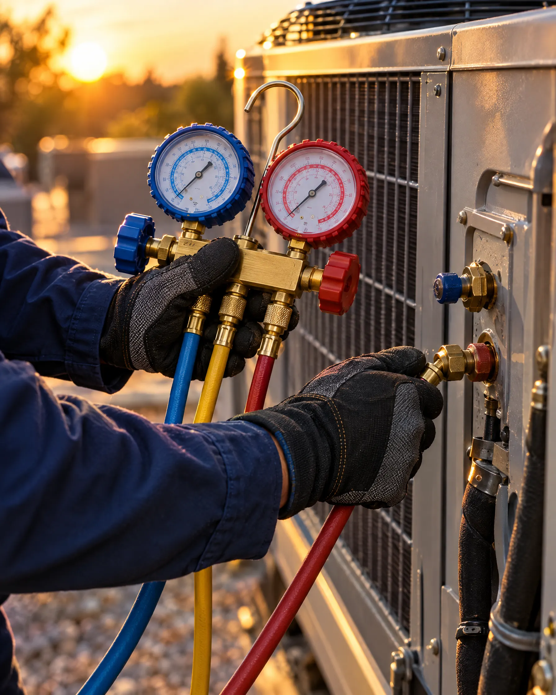 Technician connecting gauges